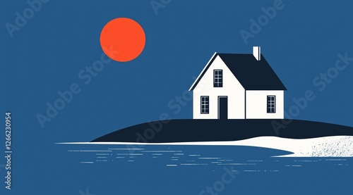 Obraz na płótnie house on a hill by the water. minimalist landscape with a red sun w salonie