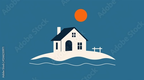 Obraz na płótnie house on a hill by the water. minimalist landscape with a red sun w salonie