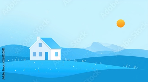 house on a hill in a dreamy blue landscape. minimalistic and peaceful illustration.