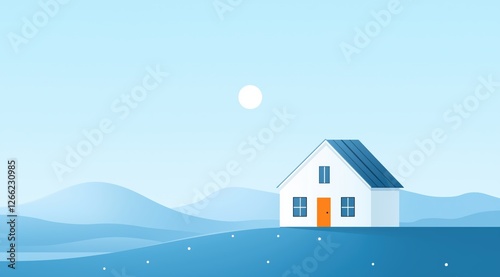Obraz na płótnie house on a hill in a dreamy blue landscape. minimalistic and peaceful illustration. w salonie