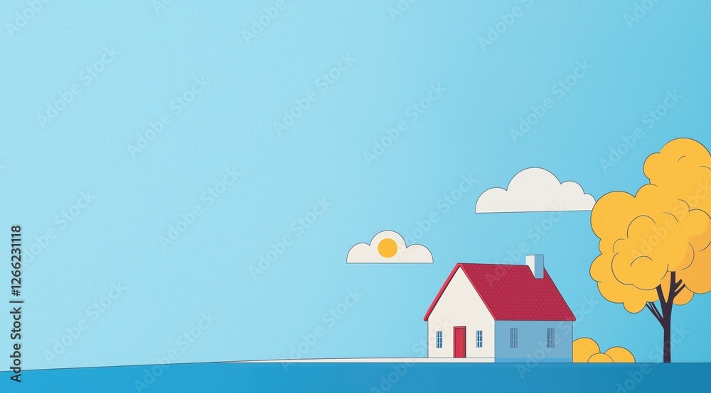 house on a hill in a dreamy blue landscape. minimalistic and peaceful illustration.