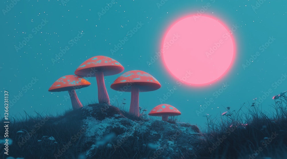 glowing mushrooms in a mystical forest. surreal landscape with a neon pink moon.