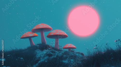 glowing mushrooms in a mystical forest. surreal landscape with a neon pink moon.