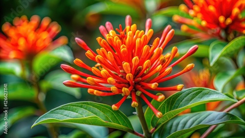 Vibrant firebush flower blooming in a garden, blooming, flowers,  blooming, flowers