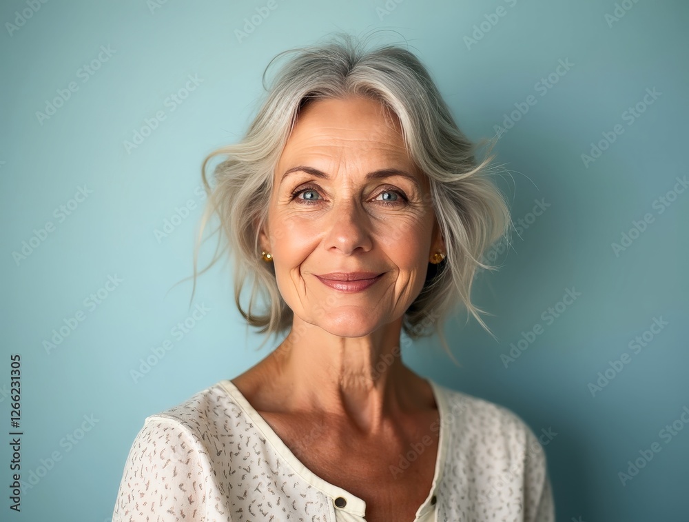Portrait of a smiling senior woman with gray hair on a light studio background Portrait of a smiling senior woman with gray hair on a light studio background