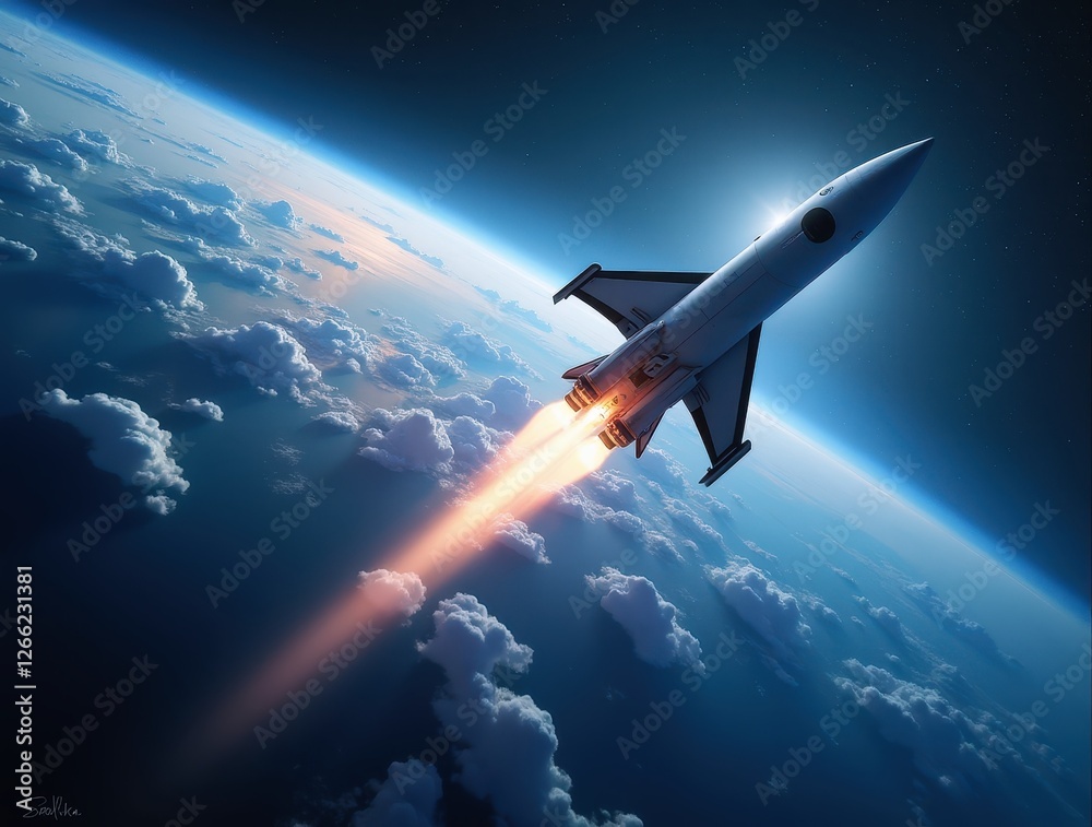 Obraz premium Spaceship ascending into orbit, leaving Earth's atmosphere behind