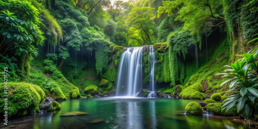 Dense foliage surrounded by vines and moss, with a serene waterfall cascading down into a tranquil pool Dense foliage surrounded by vines and moss, with a serene waterfall cascading down into a tranquil pool