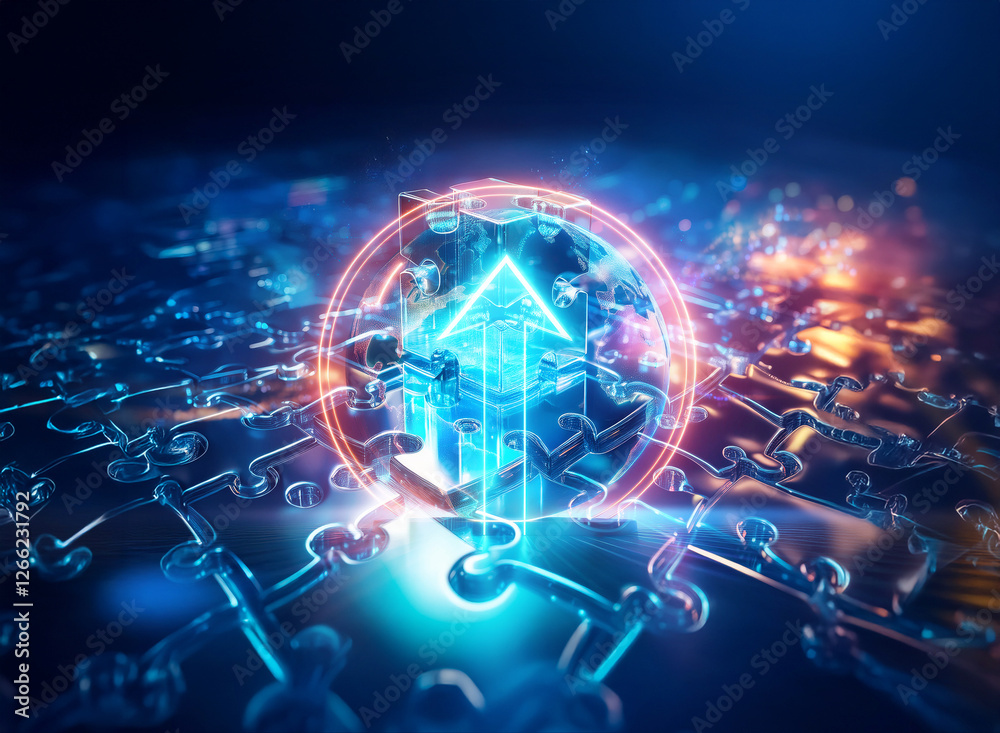 Naklejka premium Glowing arrow ascends in a luminous circle, encircled by interconnected chains. Blue and orange lights enhance the scene, representing advancement.
