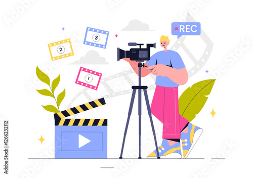 Videography Services Vector Illustration featuring Video Recording Production, Film Making, Videographer Equipment, and the Cinema Industry