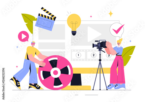 Videography Services Vector Illustration featuring Video Recording Production, Film Making, Videographer Equipment, and the Cinema Industry