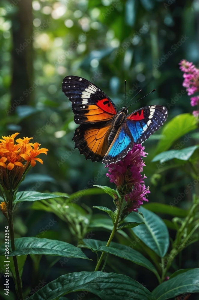 A vibrant butterfly perched on colorful flowers amidst lush greenery. A vibrant butterfly perched on colorful flowers amidst lush greenery.