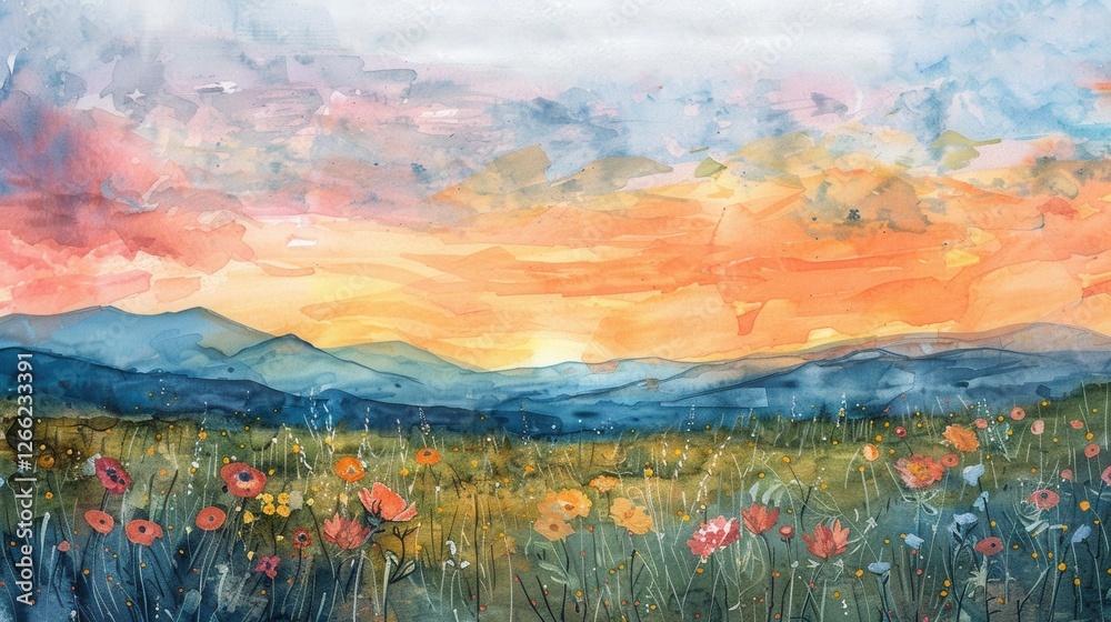© possawat - Serene Landscape with Colorful Flowers and Vibrant Sunset Sky