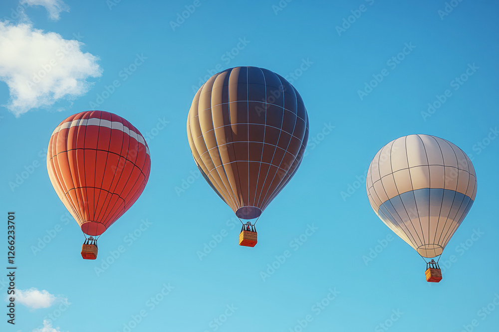 Obraz premium Three colorful hot air balloons floating in the clear blue sky during a peaceful morning