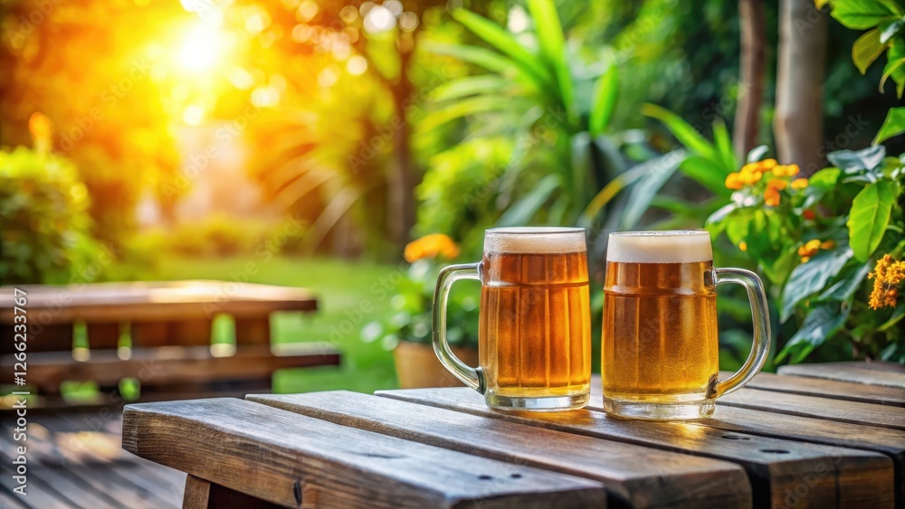 Two wooden beer mugs are placed side by side on a rustic wooden table, surrounded by lush greenery and sunlit atmosphere at an outdoor restaurant, summer vibes, mug Two wooden beer mugs are placed side by side on a rustic wooden table, surrounded by lush greenery and sunlit atmosphere at an outdoor restaurant, summer vibes, mug