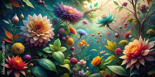A Vivid Tapestry of Imaginary Blooms in a Lush, Enchanting Garden Setting