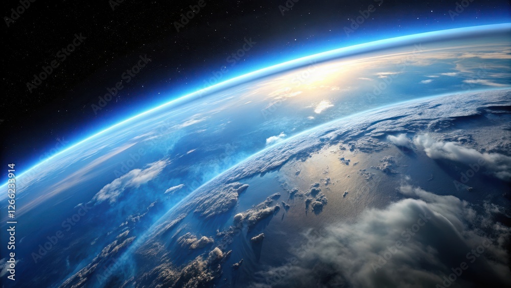 A Stunning View of Planet Earth from Space, Showing the Curvature of the Horizon with a Sunlit Atmosphere and Cloud Formations A Stunning View of Planet Earth from Space, Showing the Curvature of the Horizon with a Sunlit Atmosphere and Cloud Formations