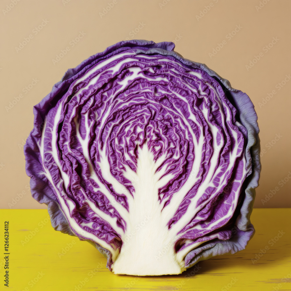 Obraz premium A striking image of a fresh, dense purple cabbage placed on a rustic yellow wooden table against a neutral beige background. Perfect for health, food, and organic themes.