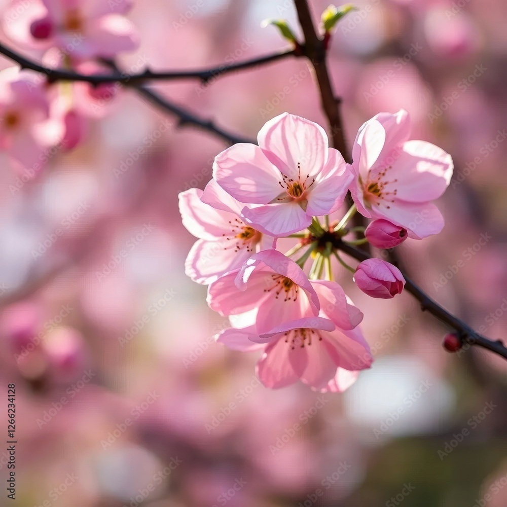Soft delicate pink petals unfolding on a branch in morning light, tree, gentle, pink flowers Soft delicate pink petals unfolding on a branch in morning light, tree, gentle, pink flowers
