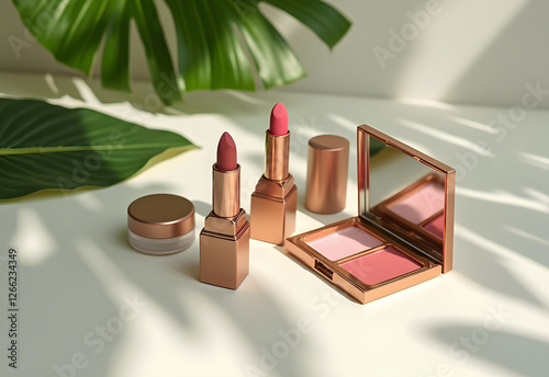 Botanical Makeup Collection - Lipstick, Blush, and Powder on Table