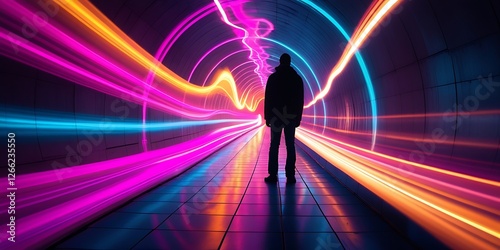 A silhouette of a person standing in a futuristic tunnel illuminated with neon swirls of pink, purple, blue, and orange lights, creating a sci-fi and cyberpunk-inspired atmosphere.

