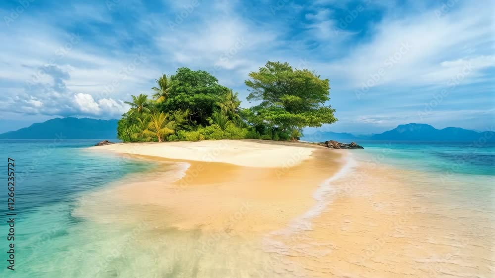 Paradise tropical desert island with palms and a deckchair. Concept of vacation. Paradise tropical desert island with palms and a deckchair. Concept of vacation.