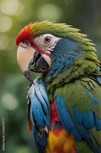A vibrant parrot with colorful feathers perched against a blurred green background.