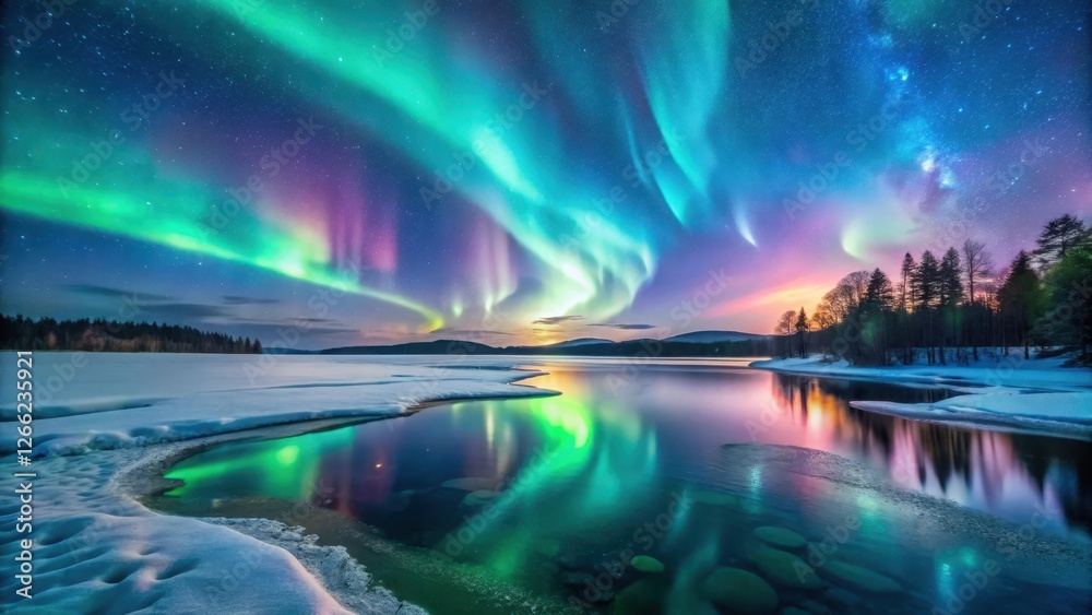 A Winter Night's Celestial Dance Aurora Borealis Reflecting on a Frozen Lake Under a Starry Sky A Winter Night's Celestial Dance Aurora Borealis Reflecting on a Frozen Lake Under a Starry Sky