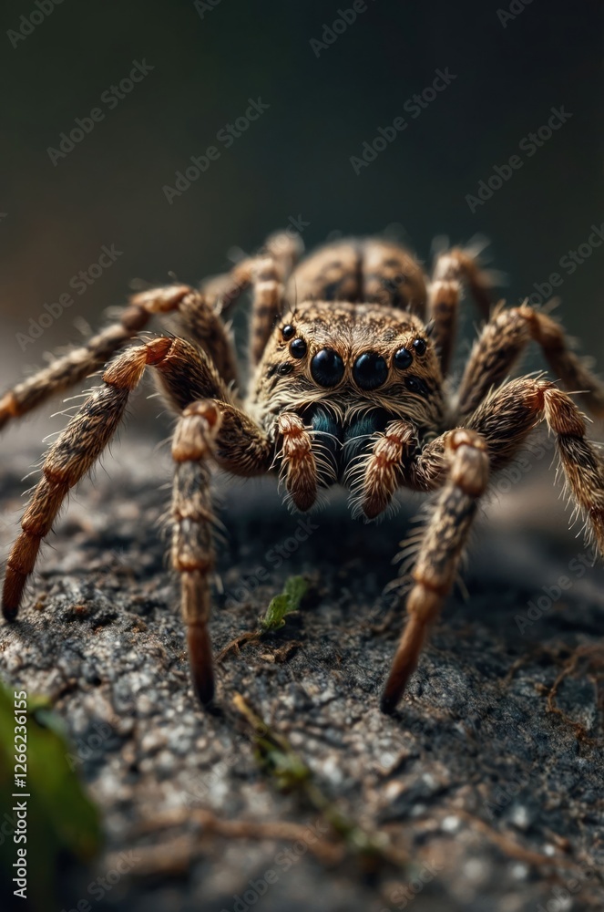 A close-up view of a spider on a log, showcasing its detailed features and textures. A close-up view of a spider on a log, showcasing its detailed features and textures.