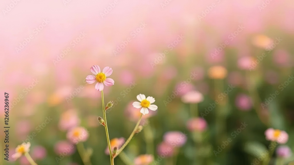Thin stem with delicate pink and yellow flowers in the foreground on a white background, pink, plant, field