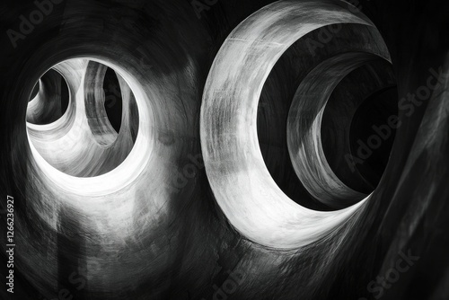 Abstract black and white image of curved tunnel with light reflections
