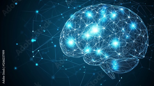 High-tech digital brain with pulsating neural connections, deep-learning pathways shining in neon hues against a dark futuristic setting