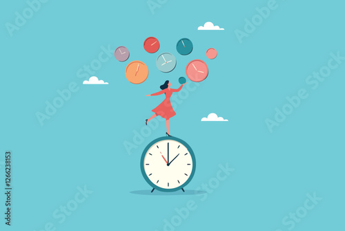 Mastering Time, A Businesswoman Skillfully Juggles Clocks While Balancing on a Giant Timepiece