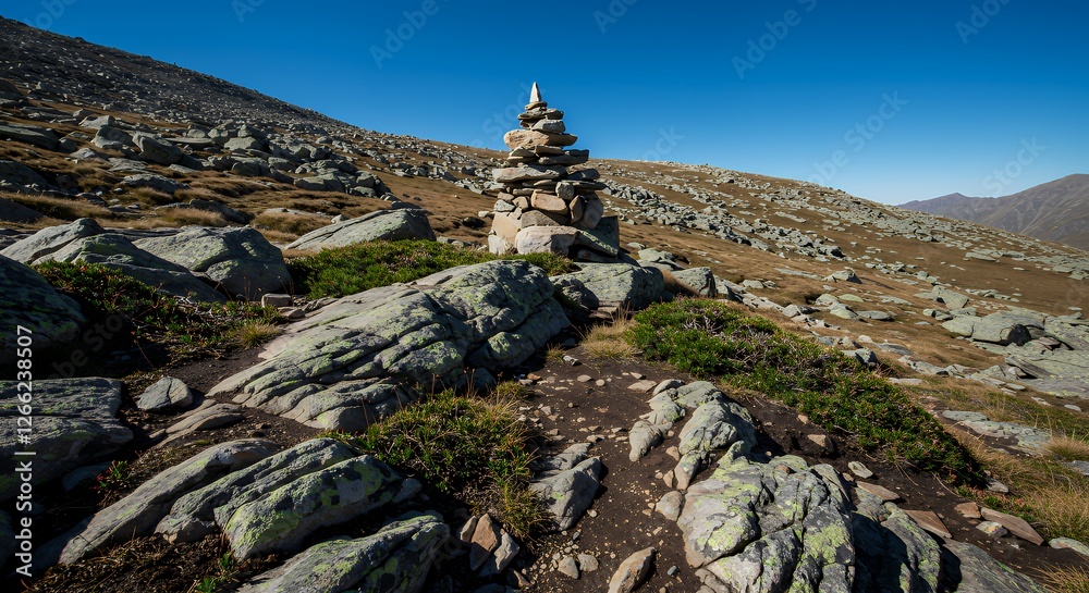 Fototapeta premium Hiking Trail Marker Stacked Stone Cairn on Rocky Mountain Slope Under Blue Sky