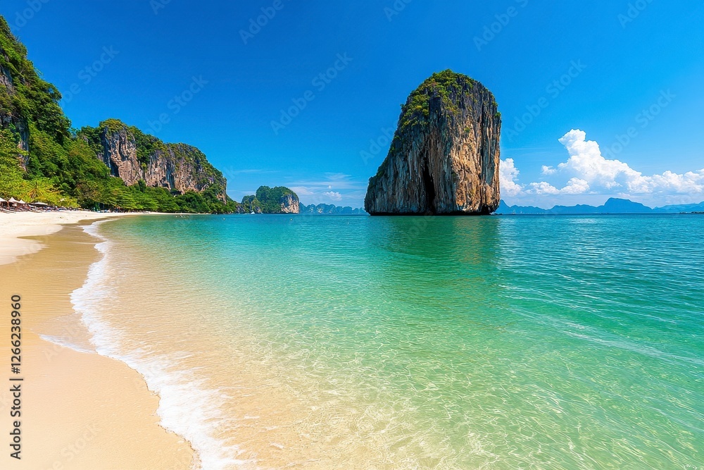 Naklejka premium Vibrant Tropical Beach with Turquoise Waters and Dramatic Limestone Cliffs