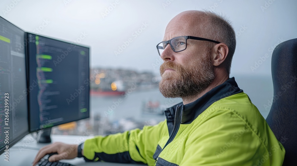 Focused engineer monitors harbor, coastal view Focused engineer monitors harbor, coastal view