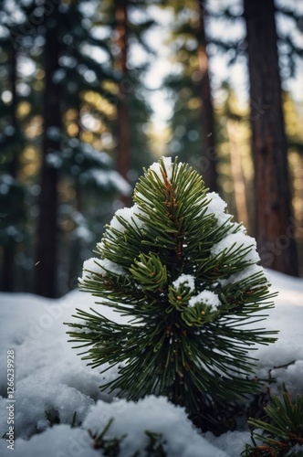 A small snow-covered pine tree stands amidst a forest, highlighting winter's beauty.
