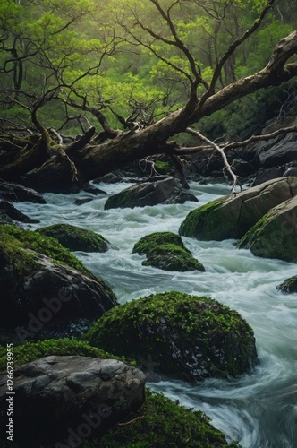 A serene river flows through moss-covered rocks and lush greenery, showcasing nature's beauty.