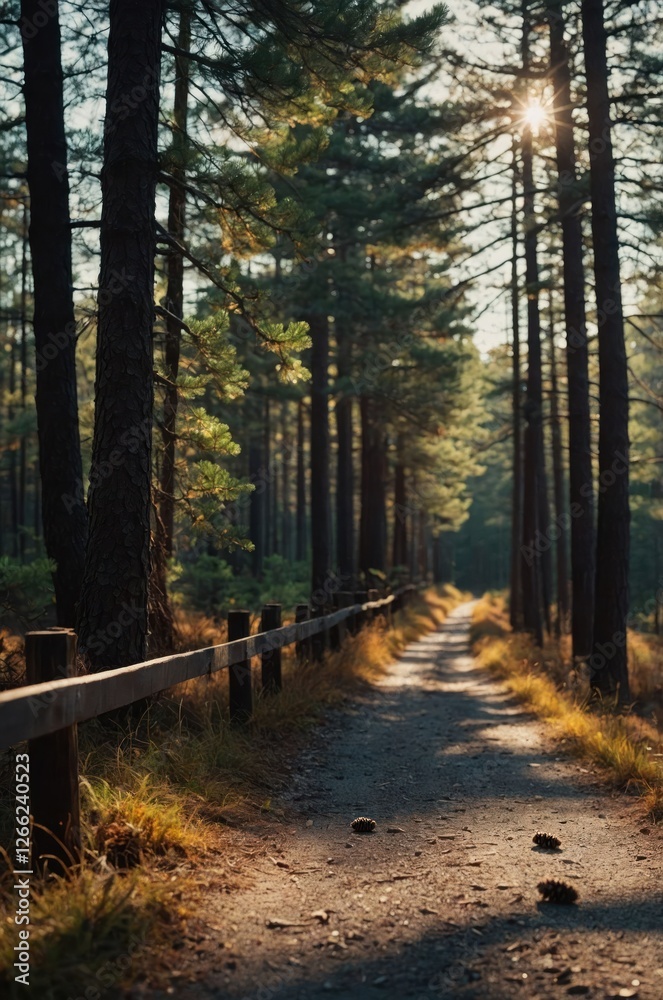 A serene forest pathway illuminated by sunlight, inviting exploration and tranquility. A serene forest pathway illuminated by sunlight, inviting exploration and tranquility.