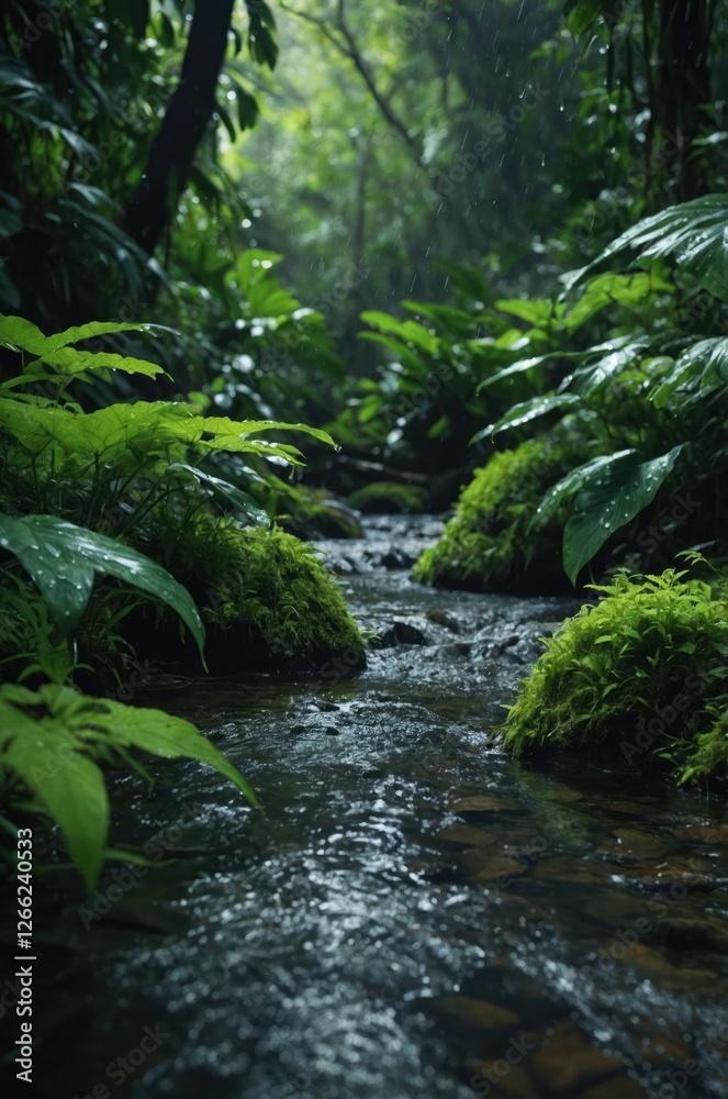 A serene forest scene featuring a flowing stream surrounded by lush greenery and ferns. A serene forest scene featuring a flowing stream surrounded by lush greenery and ferns.