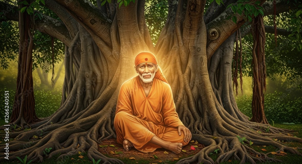 custom made wallpaper toronto digitalSerene sai baba meditating under a grand banyan tree, surrounded by lush greenery and soft sunlight