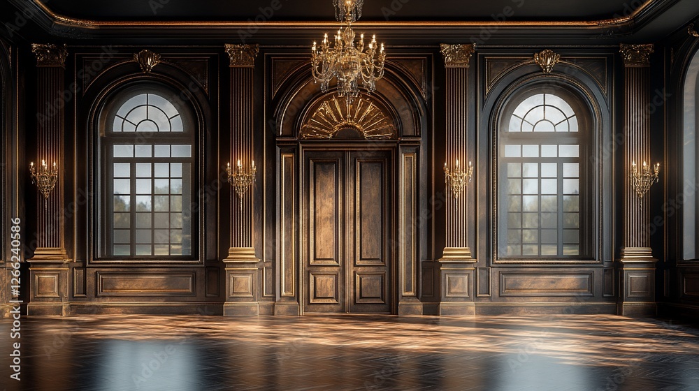 Obraz premium Elegant interior of a grand ballroom featuring ornate chandeliers and large windows