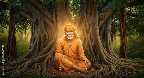 Serene sai baba meditating under a grand banyan tree, surrounded by lush greenery and soft sunlight photo