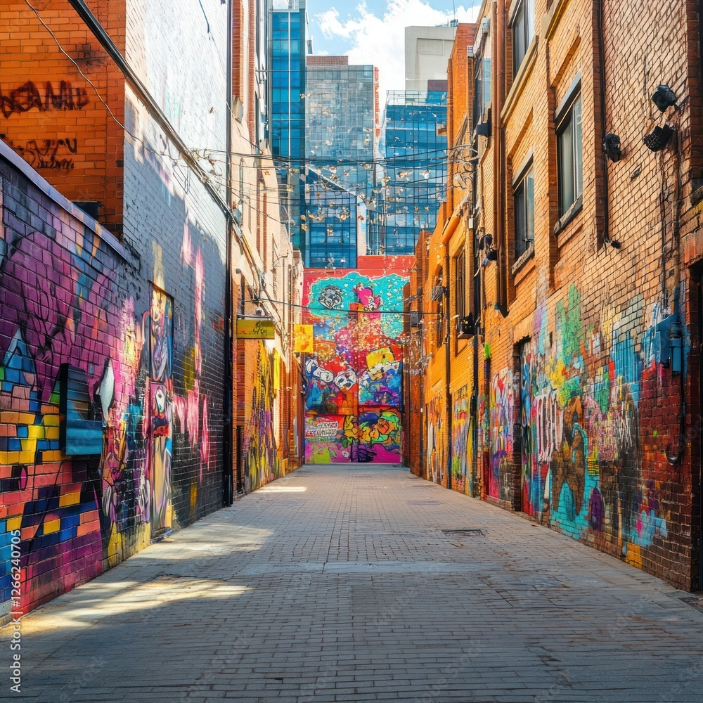 Fototapeta premium Vibrant Graffiti Alleyway: Urban Art and Cityscape