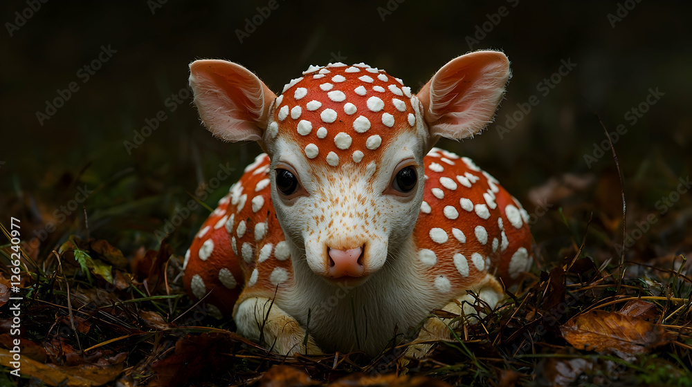 Obraz premium Adorable fawn in autumn leaves, forest background, wildlife photography