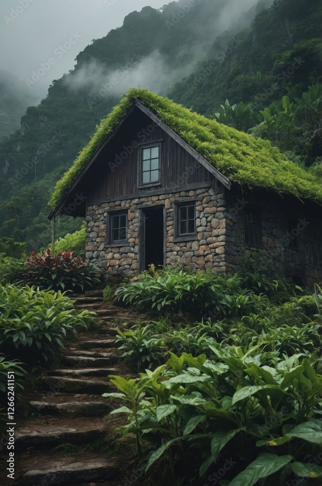 A rustic stone house with a grassy roof, surrounded by lush vegetation and misty mountains. A rustic stone house with a grassy roof, surrounded by lush vegetation and misty mountains.
