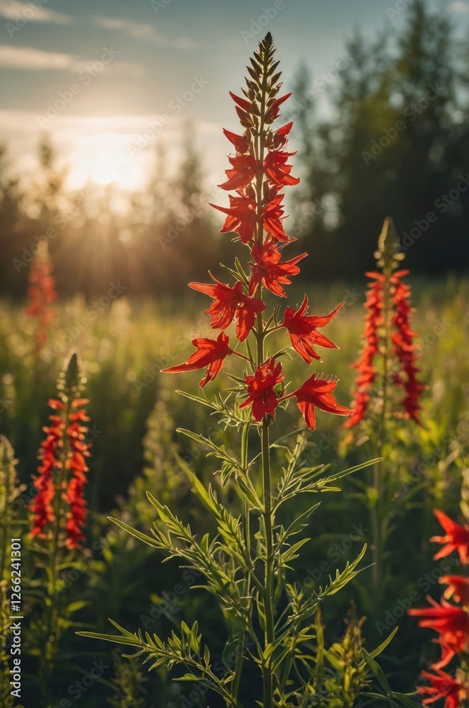 A field of vibrant red flowers illuminated by soft sunlight at sunset. A field of vibrant red flowers illuminated by soft sunlight at sunset.
