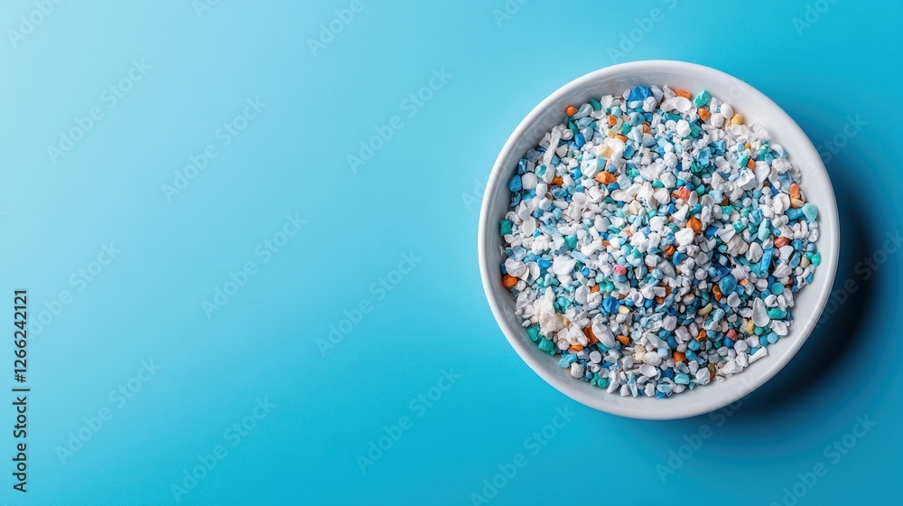 Microplastics in bowl, blue background, pollution study Microplastics in bowl, blue background, pollution study