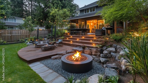 Inviting backyard patio with warm fire pit and tranquil outdoor retreat