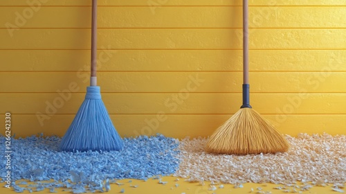 Blue and yellow brooms sweeping confetti against yellow wall photo