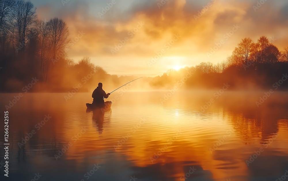 A calm, mistcovered lake at sunrise with a fisherman casting his rod into the water, soft light reflecting off the surface, capturing the peacefulness of nature, 4K resolution A calm, mistcovered lake at sunrise with a fisherman casting his rod into the water, soft light reflecting off the surface, capturing the peacefulness of nature, 4K resolution